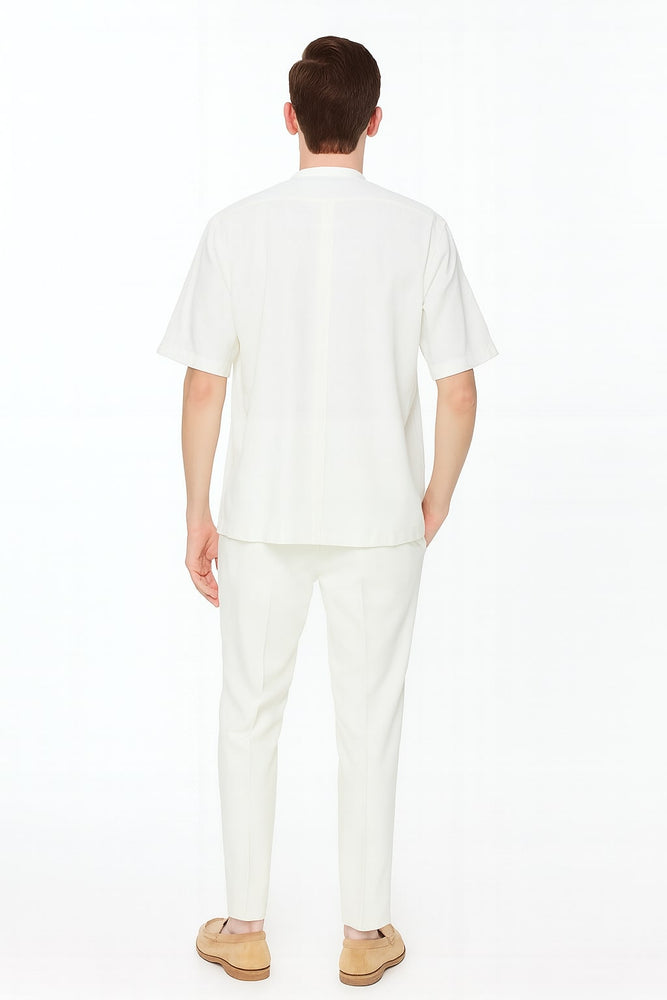 Mens White Banded Collar Two-Piece Set – Short Sleeve Shirt and Pants Banded Collar Linen Fabric