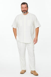 Mens White Banded Collar Two-Piece Set – Short Sleeve Shirt and Pants Banded Collar Linen Fabric