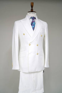 Mens White Double-Breasted Suit with Gold Buttons – Formal Slim Fit 2-Piece Set