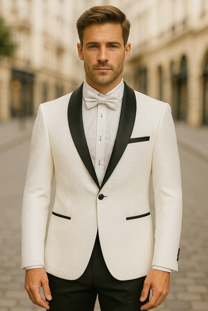 Mens White Swirl Embroidered Tuxedo Jacket with Black Satin Shawl Lapel and Matching Bow Tie