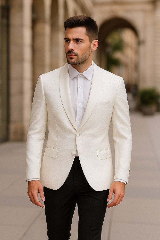 Men’s White Swirl Pattern Tuxedo Jacket with White Satin Shawl Lapel