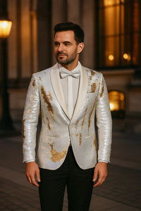 Mens White and Gold Reversible Sequin Tuxedo Jacket with Satin Lapel and Matching Bow Tie