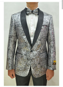 Silver and Black Tuxedo Blazer with Matching Bow Tie - Paisley Sport Coat For Prom or Wedding