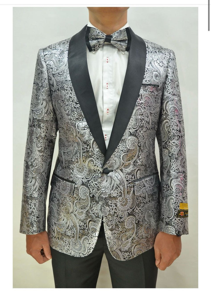 Silver and Black Tuxedo Blazer with Matching Bow Tie - Paisley Sport Coat For Prom or Wedding