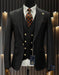 Mens One Button Peak Lapel Vested Wool Suit with Gold buttons in Black - Men's Tuxedo USA