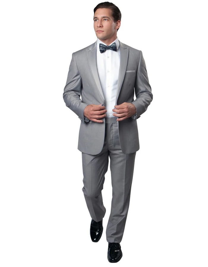 Gray Prom Suit - Mens Modern Wool Peak Trim Wedding Tuxedo in Grey