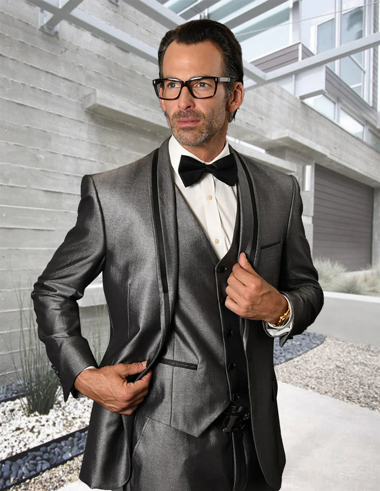 Gray Prom Suit - Mens Satin Trim Shawl Lapel Tuxedo in Silver Sharkskin