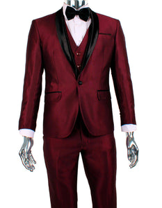 Red Prom Suit - Red Prom Tuxedo Suits - Red Wedding Tuxedo Mens 1 Button Shawl Lapel Vested Wedding | Prom Tuxedo in Burgundy Sharkskin