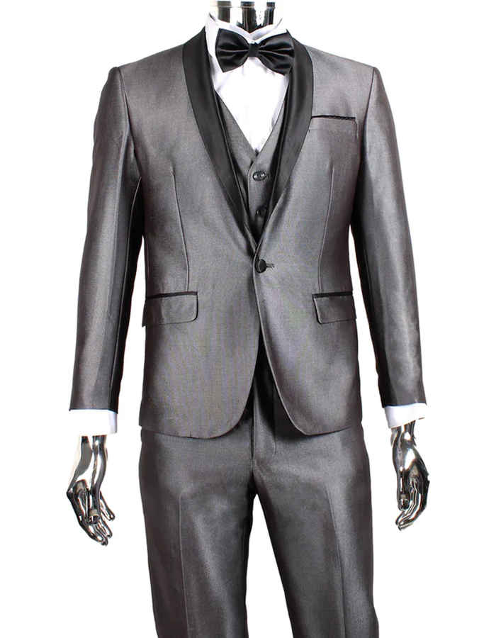 Designer Gray Prom Tuxedo - Grey Wedding Suit With Shawl Lapel Vested