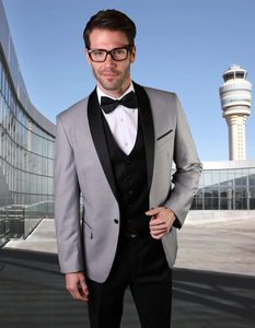 Gray Prom Suit - Mens Vested Wool Shawl Lapel Tuxedo in Grey