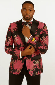 Mens 2 Button Hot Pink Fuschia & Black Floral Paisley Tuxedo Blazer Pink