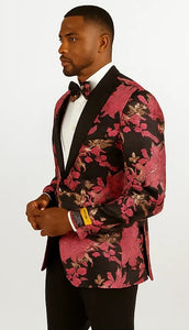 Mens 2 Button Hot Pink Fuschia & Black Floral Paisley Tuxedo Blazer Pink