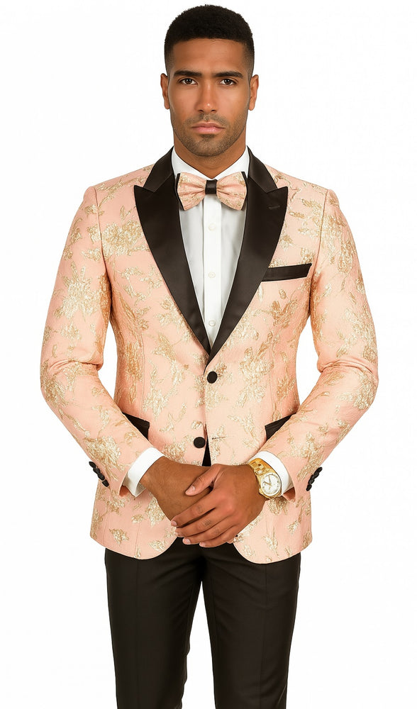 Mens 2 Button Light Baby Pink & Gold Floral Paisley Tuxedo Blazer
