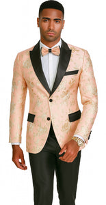 Mens 2 Button Light Baby Pink & Gold Floral Paisley Tuxedo Blazer