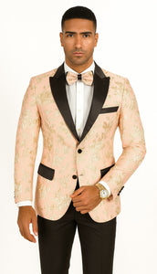 Mens 2 Button Light Baby Pink & Gold Floral Paisley Tuxedo Blazer