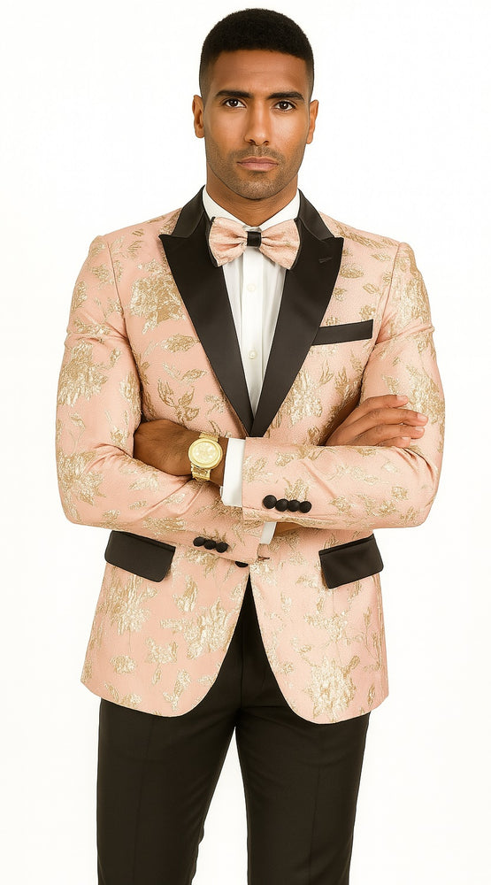 Mens 2 Button Light Baby Pink & Gold Floral Paisley Tuxedo Blazer