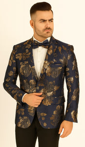 Mens 2 Button Navy Blue & Gold Foil Floral Paisley Prom & Wedding Blazer
