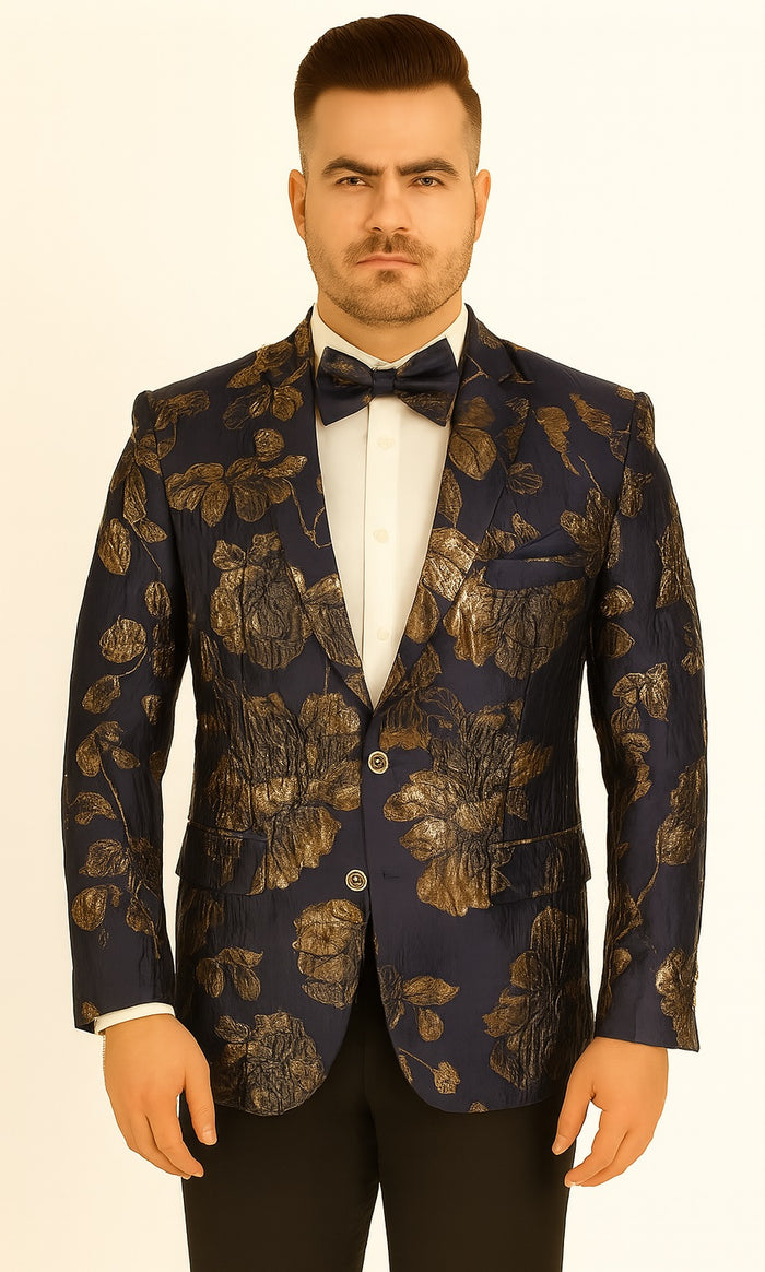 Mens 2 Button Navy Blue & Gold Foil Floral Paisley Prom & Wedding Blazer