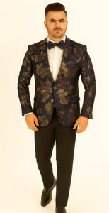 Mens 2 Button Navy Blue & Gold Foil Floral Paisley Prom & Wedding Blazer