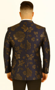 Mens 2 Button Navy Blue & Gold Foil Floral Paisley Prom & Wedding Blazer
