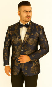 Mens 2 Button Navy Blue & Gold Foil Floral Paisley Prom & Wedding Blazer