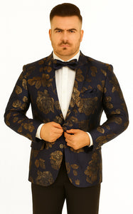 Mens 2 Button Navy Blue & Gold Foil Floral Paisley Prom & Wedding Blazer