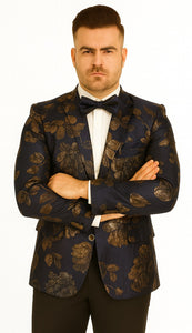 Mens 2 Button Navy Blue & Gold Foil Floral Paisley Prom & Wedding Blazer