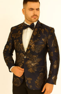 Mens 2 Button Navy Blue & Gold Foil Floral Paisley Prom & Wedding Blazer