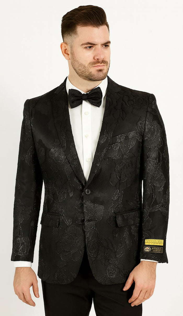 Mens 2 Button Shiny Black on Black Floral Paisley Prom & Wedding Blazer
