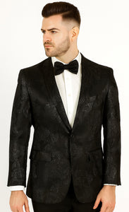 Mens 2 Button Shiny Black on Black Floral Paisley Prom & Wedding Blazer