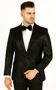 Mens 2 Button Shiny Black on Black Floral Paisley Prom & Wedding Blazer