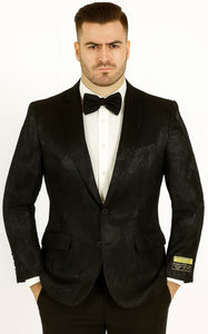Mens 2 Button Shiny Black on Black Floral Paisley Prom & Wedding Blazer