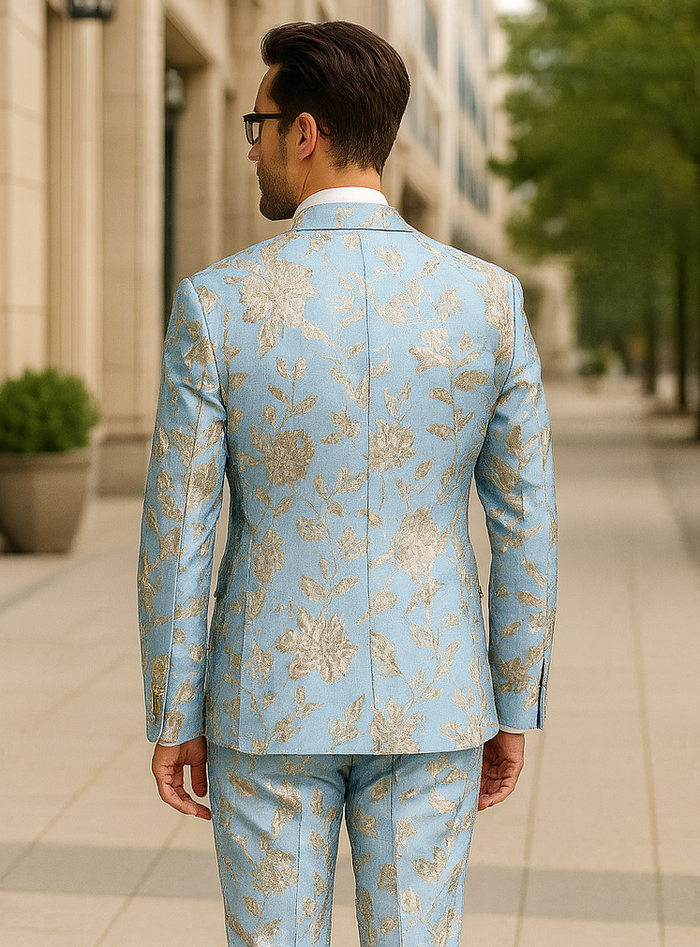 Mens 2 Button Sky Blue & Silver Foil Paisley Prom & Wedding Blazer