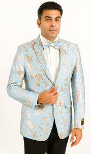 Mens 2 Button Sky Blue & Silver Foil Paisley Prom & Wedding Blazer