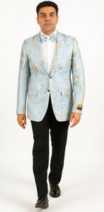 Mens 2 Button Sky Blue & Silver Foil Paisley Prom & Wedding Blazer