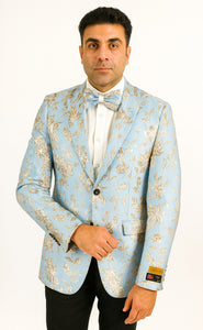 Mens 2 Button Sky Blue & Silver Foil Paisley Prom & Wedding Blazer