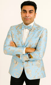 Mens 2 Button Sky Blue & Silver Foil Paisley Prom & Wedding Blazer