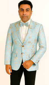 Mens 2 Button Sky Blue & Silver Foil Paisley Prom & Wedding Blazer