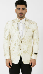 Mens 2 Button White with Gold Foil Floral Paisley Prom and Wedding Blazer