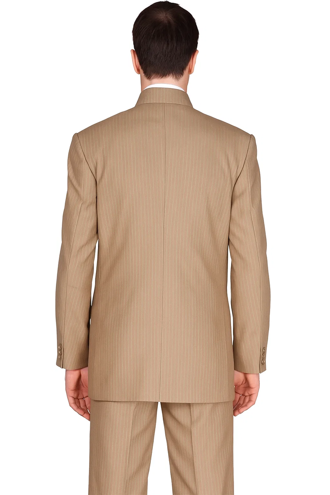 Mens 5 Button Mandarin Collar Suit in Tan Pinstripe