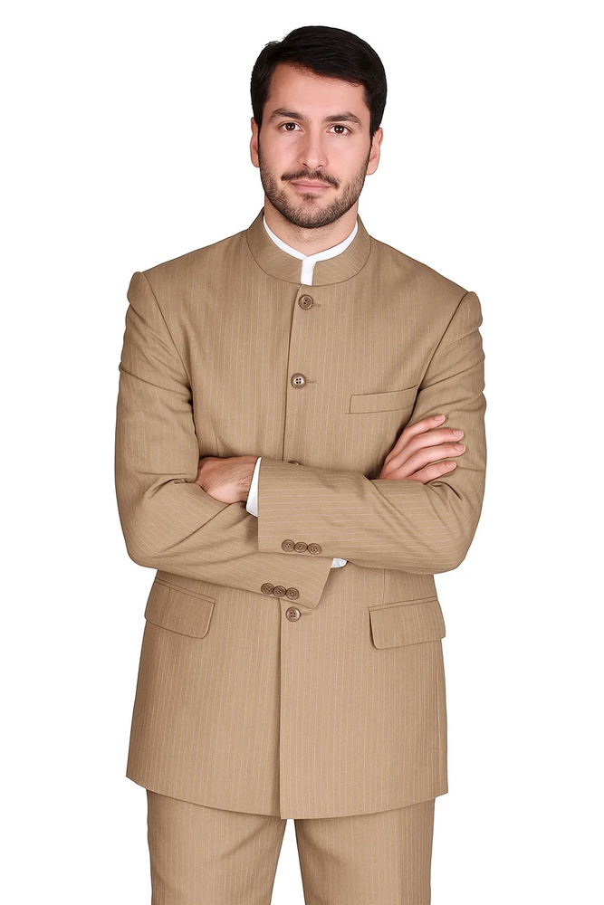 Mens 5 Button Mandarin Collar Suit in Tan Pinstripe