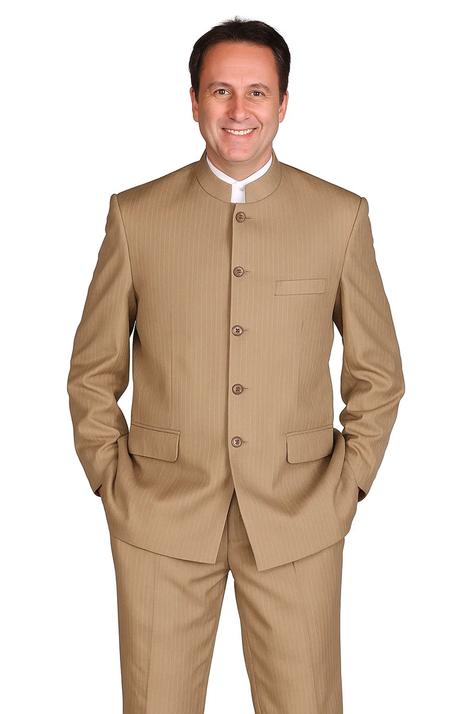 Mens 5 Button Mandarin Collar Suit in Tan Pinstripe
