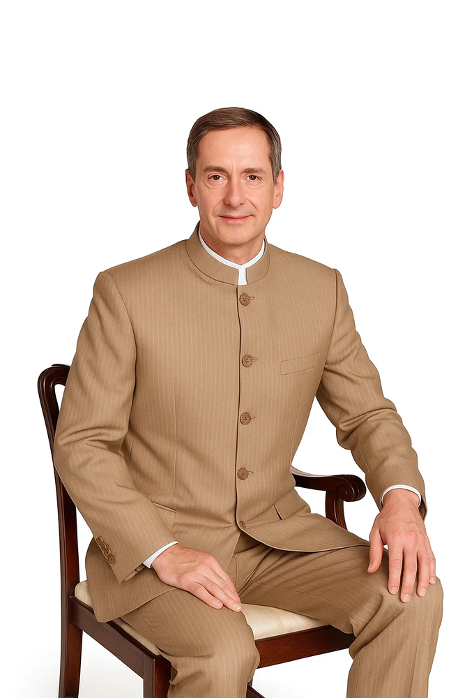 Mens 5 Button Mandarin Collar Suit in Tan Pinstripe