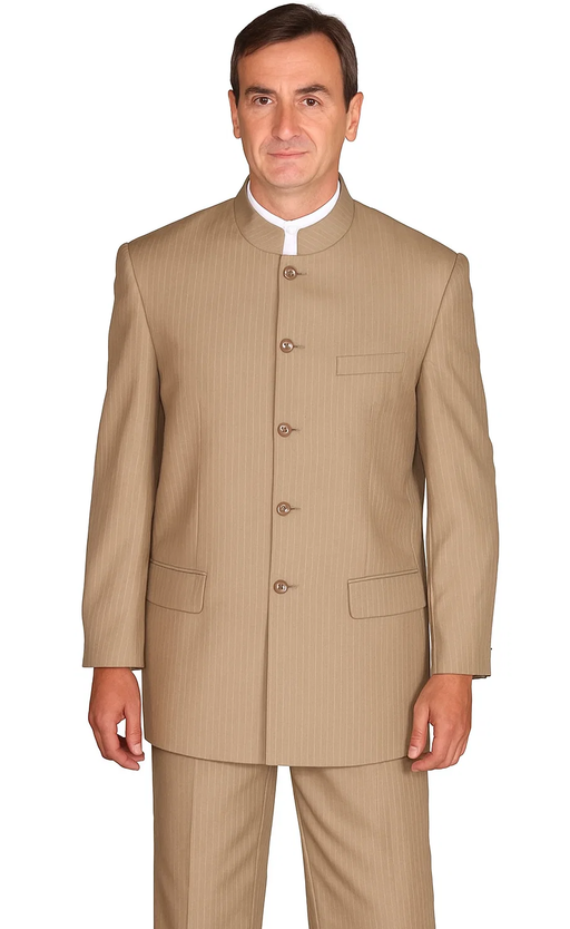Mens 5 Button Mandarin Collar Suit in Tan Pinstripe