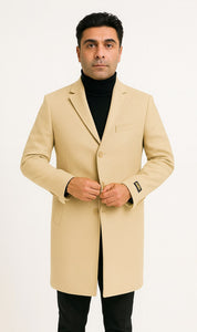 Mens Beige Wool Overcoat with Classic Notch Lapel and Single-Breasted Closure - Light Tan Sand Color