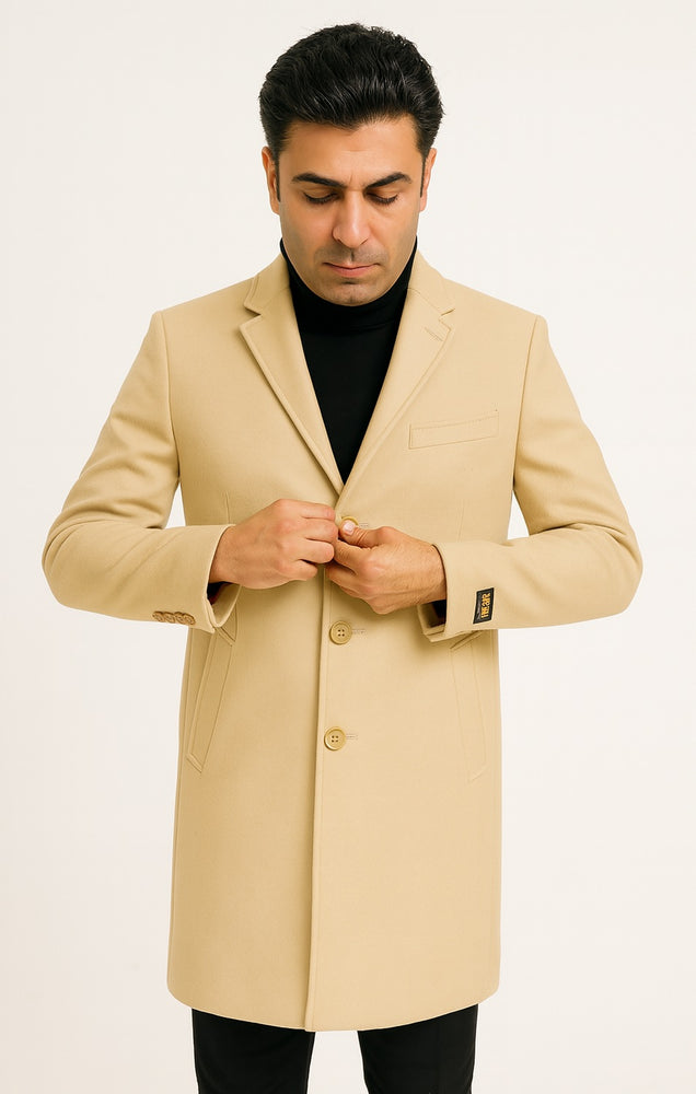 Mens Beige Wool Overcoat with Classic Notch Lapel and Single-Breasted Closure - Light Tan Sand Color