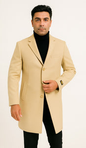 Mens Beige Wool Overcoat with Classic Notch Lapel and Single-Breasted Closure - Light Tan Sand Color
