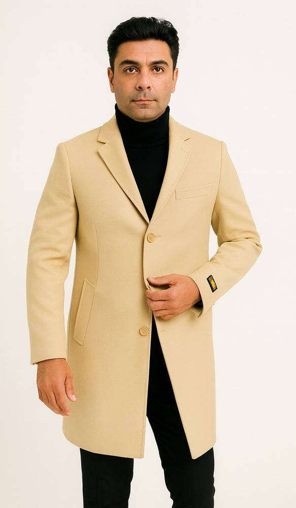 Mens Beige Wool Overcoat with Classic Notch Lapel and Single-Breasted Closure - Light Tan Sand Color