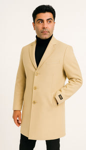 Mens Beige Wool Overcoat with Classic Notch Lapel and Single-Breasted Closure - Light Tan Sand Color