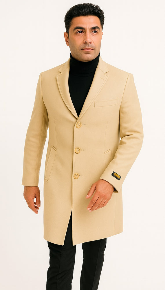 Mens Beige Wool Overcoat with Classic Notch Lapel and Single-Breasted Closure - Light Tan Sand Color